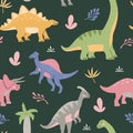 Cartoon cute dinosaurs among tropical plant. Seamless pattern for child